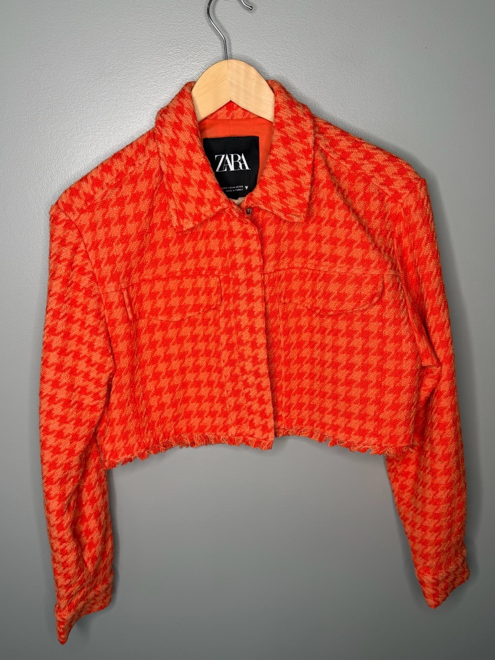 Zara Orange Tweed Cropped Houndstooth Jacket - Picture 2 of 9